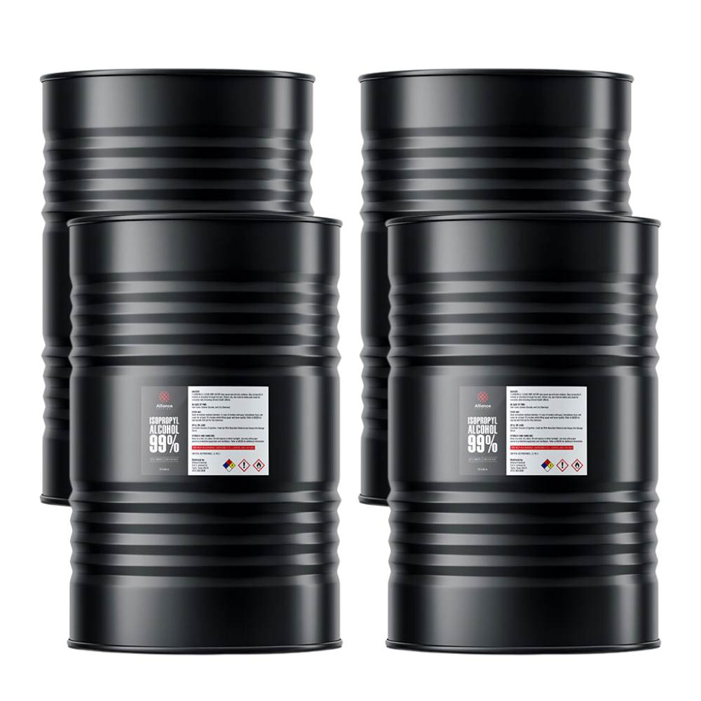 55-gallon black steel drums of 99% Isopropyl Alcohol IPA with GHS hazard warning labels, industrial-grade chemical storage containers.