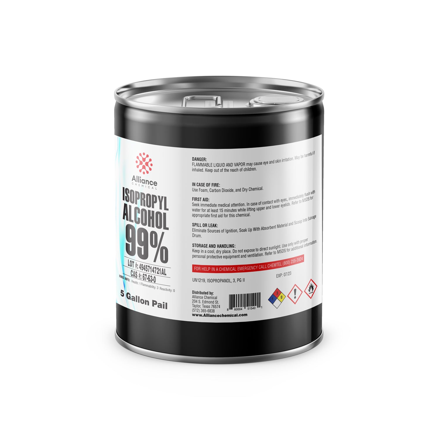 5-gallon steel pail of 99% Isopropyl Alcohol by Alliance Chemical, featuring flammable warning symbols, safety data, and black-white industrial labeling.