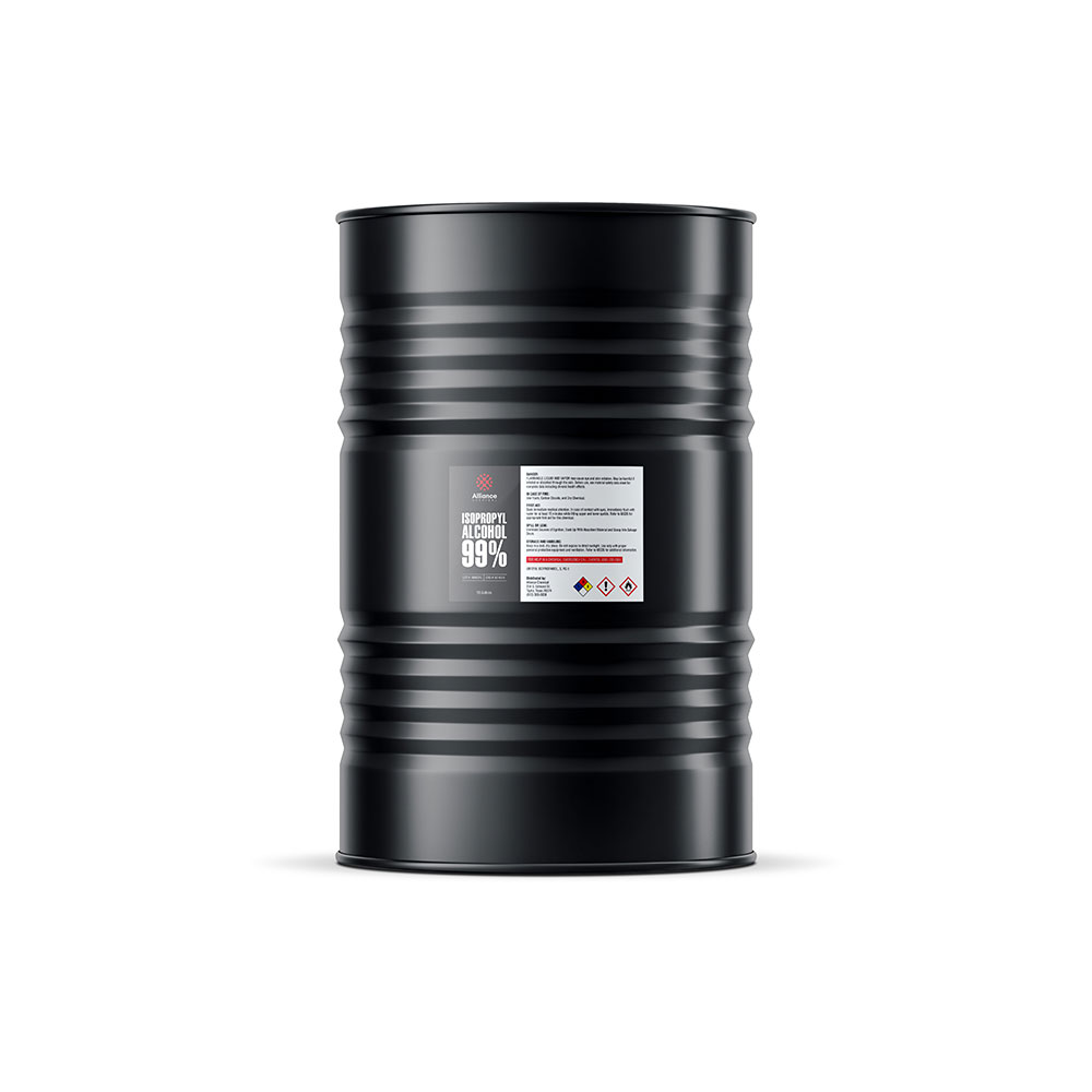 55-gallon black steel drum of industrial Isopropyl Alcohol 99% (IPA) with hazard warning label, NFPA diamond, and ribbed cylinder design.