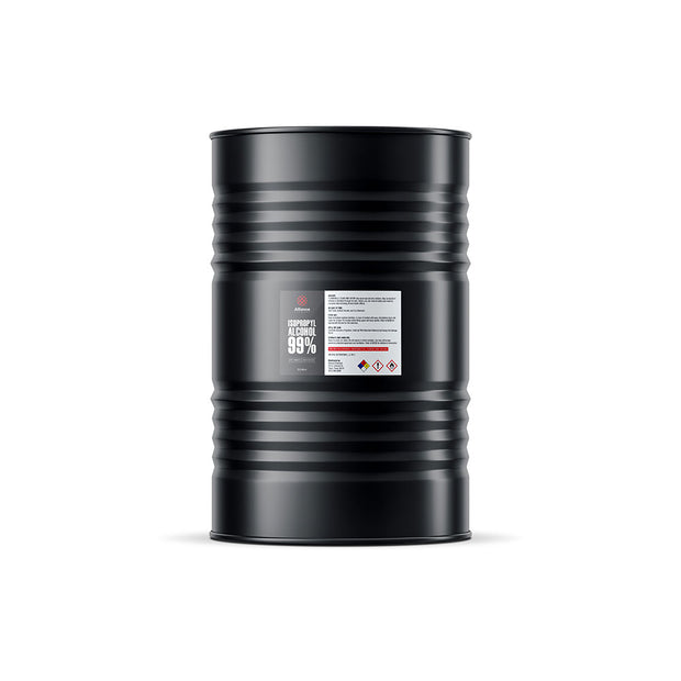One 55-gallon steel drum of Alliance Chemical Isopropyl Alcohol 99% - Technical Grade with a product label.