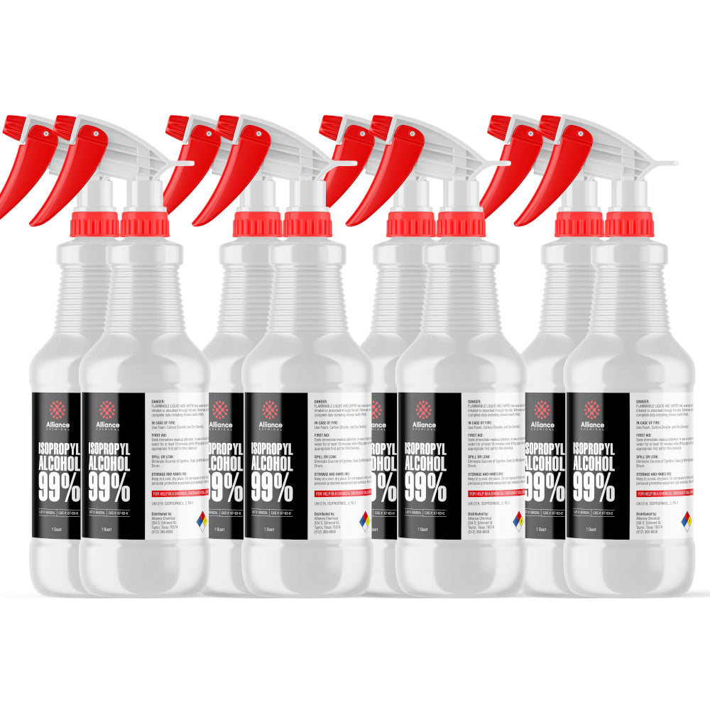 8-quart set of 99% Isopropyl Alcohol in white spray bottles with red triggers, NFPA diamond warning labels, Alliance Chemical branding.