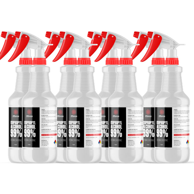 8-quart set of 99% Isopropyl Alcohol in white spray bottles NFPA diamond warning labels, Alliance Chemical branding