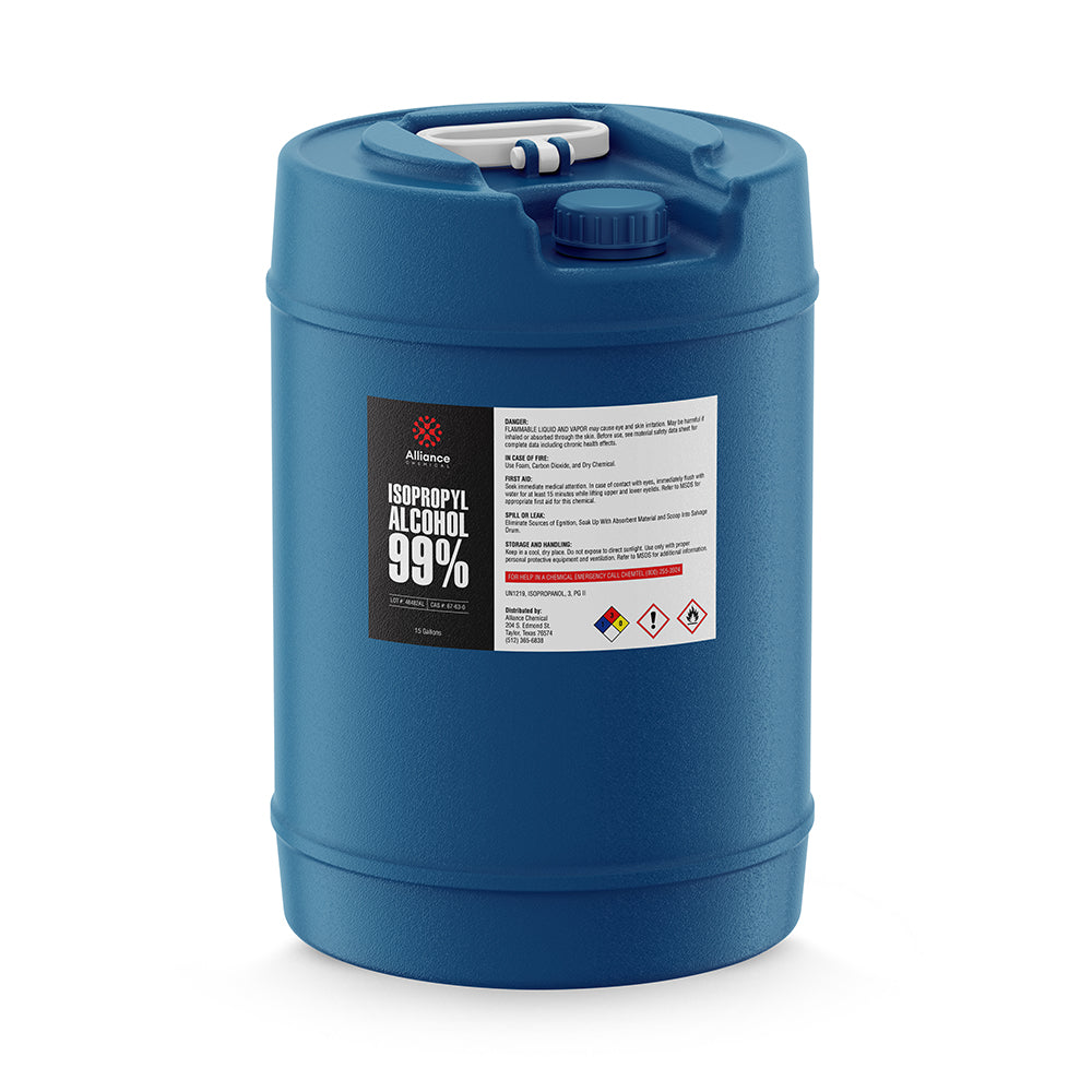 15-gallon blue HDPE carboy of 99% Isopropyl Alcohol by Alliance Chemical, featuring NFPA diamond hazard labels and secure screw-top closure.