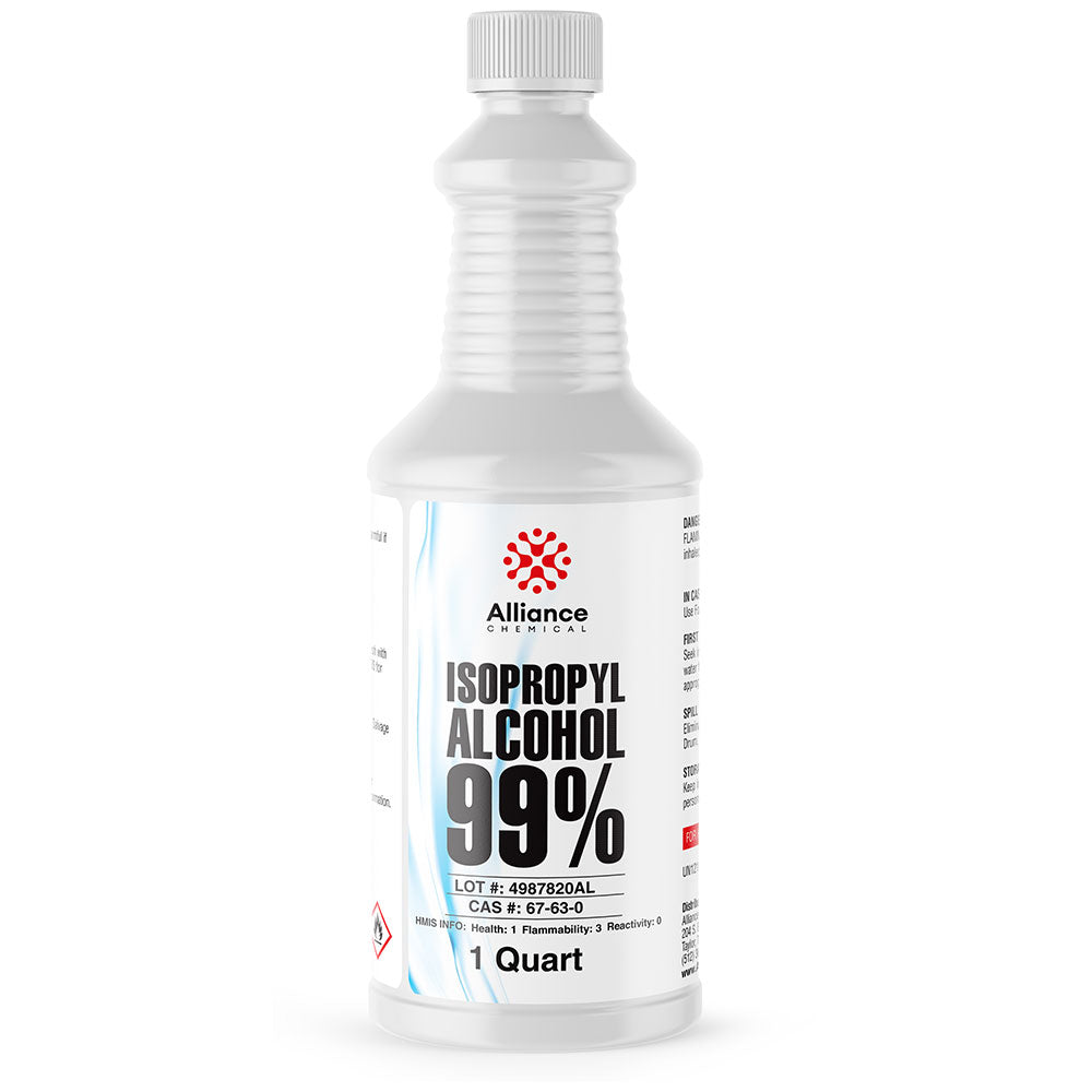 1-quart bottle of Alliance Chemical 99% Isopropyl Alcohol, white HDPE container with flammability warning symbol, CAS 67-63-0, HMIS 1-3-0.