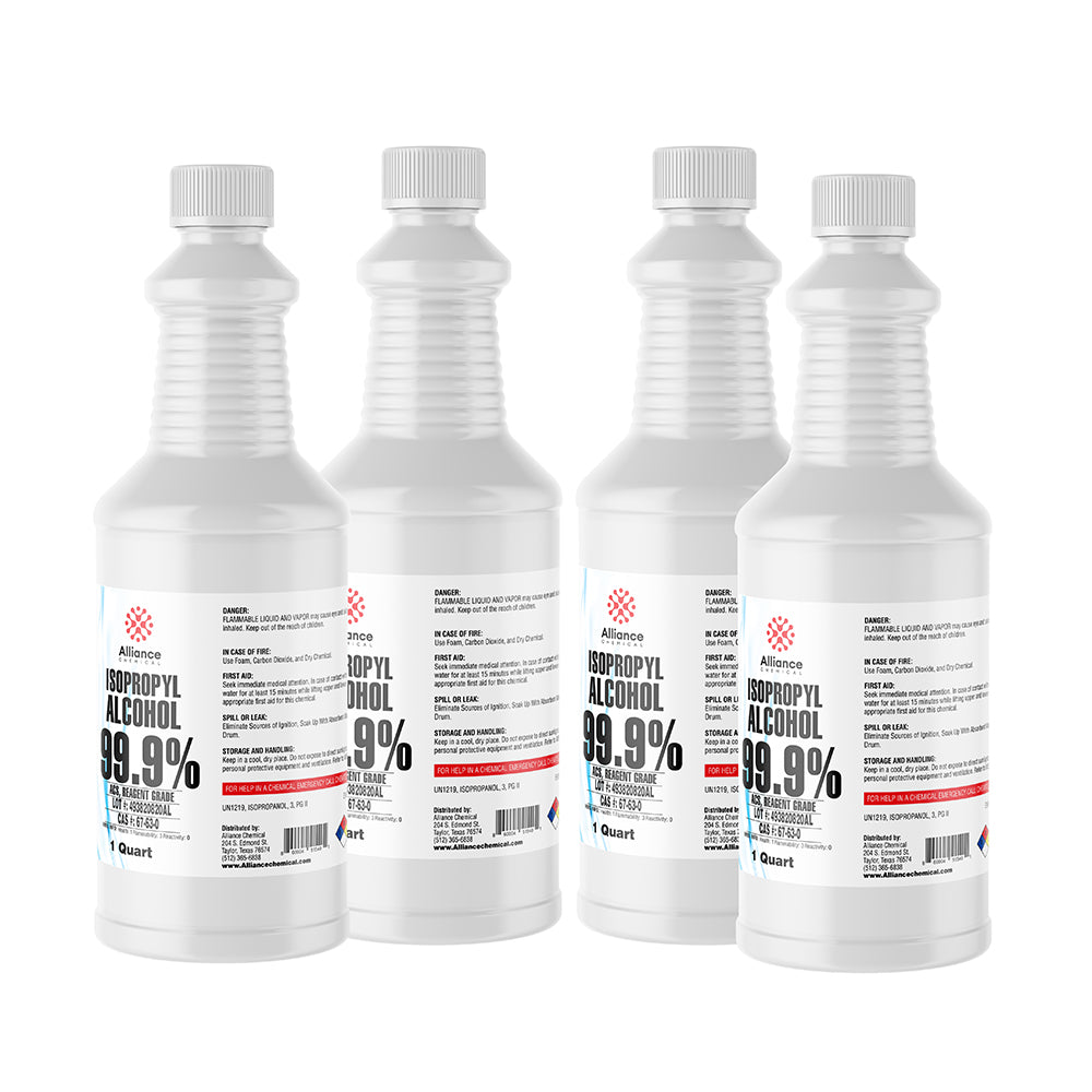 1-quart bottles of Alliance Chemical 99.9% Isopropyl Alcohol ACS Reagent Grade, white HDPE containers with flammable liquid warning symbols.