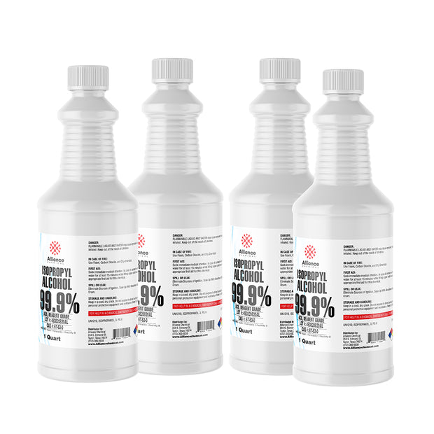 1-quart bottles of Alliance Chemical 99.9% Isopropyl Alcohol ACS Reagent Grade, HDPE containers with flammable liquid