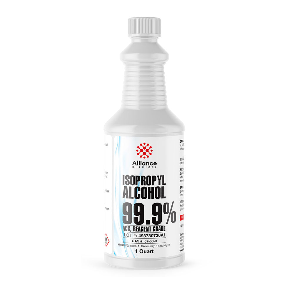 1-quart bottle of 99.9% Isopropyl Alcohol ACS Reagent Grade, white HDPE container with Alliance Chemical branding and flammability warning symbol.