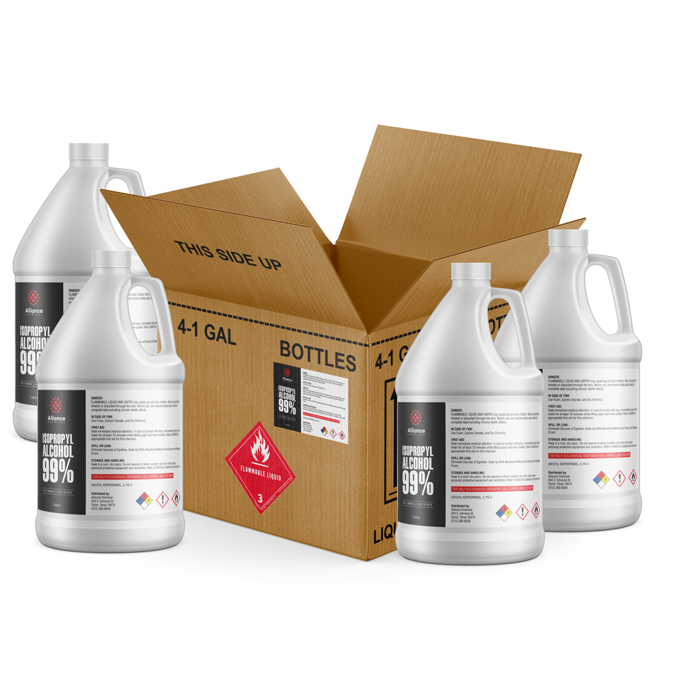 4-gallon case of 99% Isopropyl Alcohol in white HDPE jugs with flammable liquid warning labels, UN3 hazard diamond, product specifications.