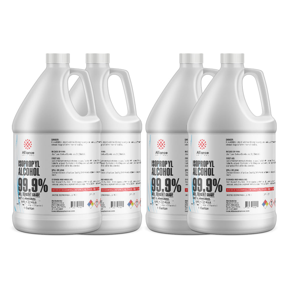 Four 1-gallon Alliance Chemical Isopropyl Alcohol 99.9% ACS Reagent Grade HDPE jugs with handles and white screw caps