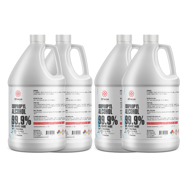 Four 1-gallon Alliance Chemical Isopropyl Alcohol 99.9% ACS Reagent Grade HDPE jugs with handles and white screw caps