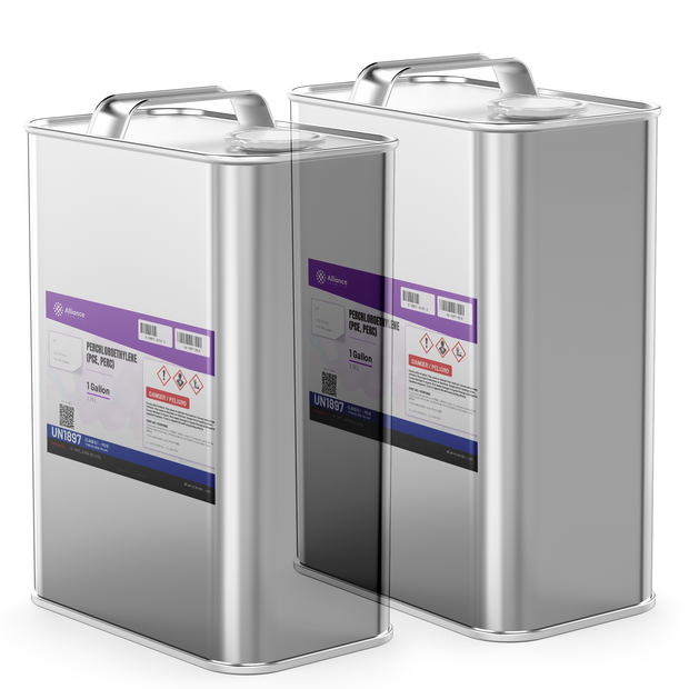 Perchloroethylene Technical Grade in two 1-gallon metal cans from Alliance Chemical for vapor degreasing and dry cleaning
