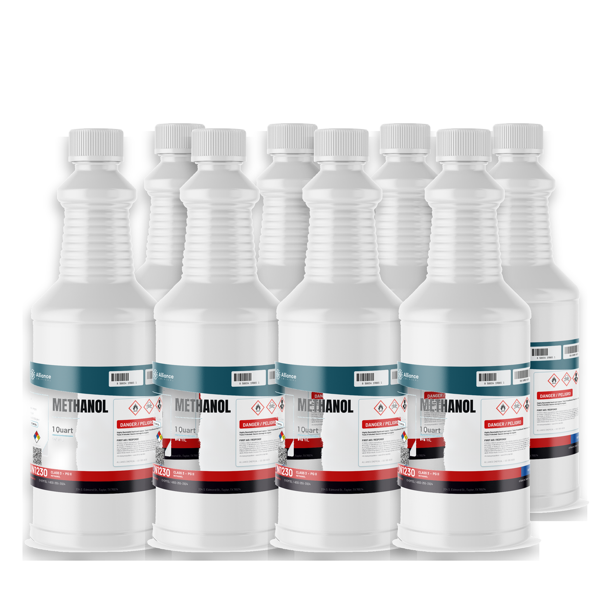 Methanol Technical Grade in eight 1-quart plastic bottles for industrial solvent use and synthesis, Alliance Chemical