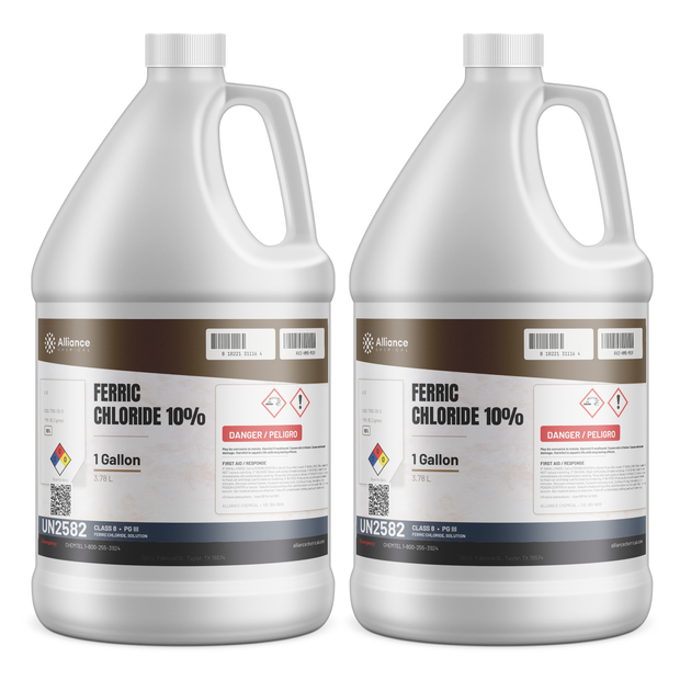 Ferric chloride 10% technical grade in two 1-gallon white plastic jugs, Alliance Chemical