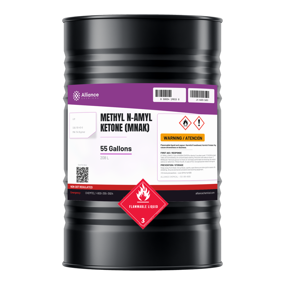 Methyl n-Amyl Ketone technical grade in a 55-gallon steel drum from Alliance Chemical for industrial coatings