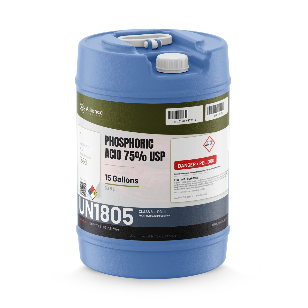 Phosphoric acid 75% USP food grade in a 15-gallon blue plastic carboy, Alliance Chemical