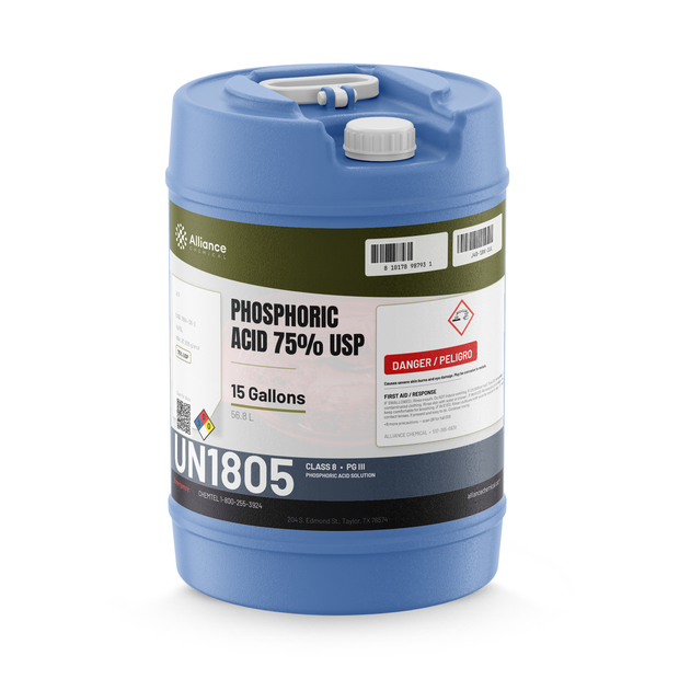 Phosphoric acid 75% USP food grade in a 15-gallon blue plastic carboy, Alliance Chemical