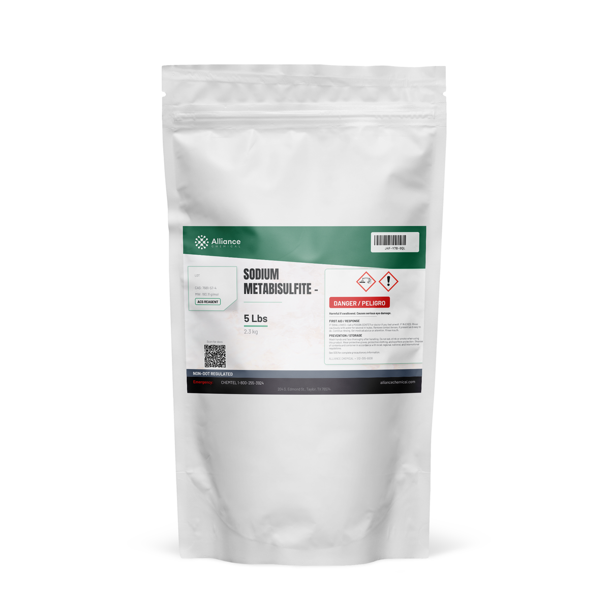 Sodium Metabisulfite ACS Reagent Grade solid in a 5-lb resealable pouch from Alliance Chemical