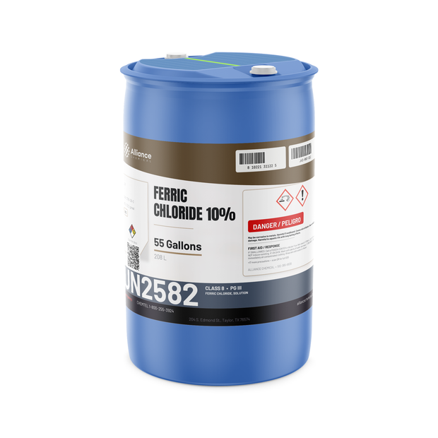 Ferric Chloride 10% Technical Grade in a blue 55-gallon drum from Alliance Chemical for water treatment and metal etching