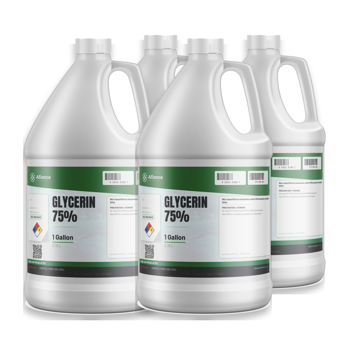 Glycerin 75% Food Grade in a case of four 1-gallon plastic jugs by Alliance Chemical