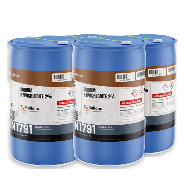 Sodium Hypochlorite 2% Technical Grade four 55-gallon blue poly drums, Alliance Chemical
