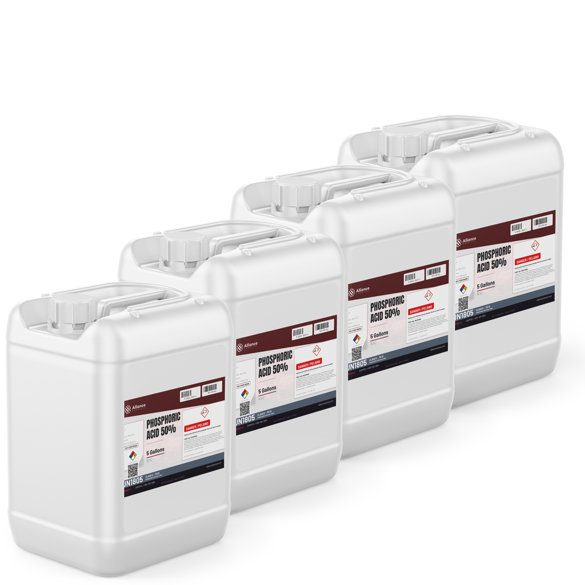 Phosphoric Acid 50% Food Grade in four white 5-gallon plastic pails, Alliance Chemical