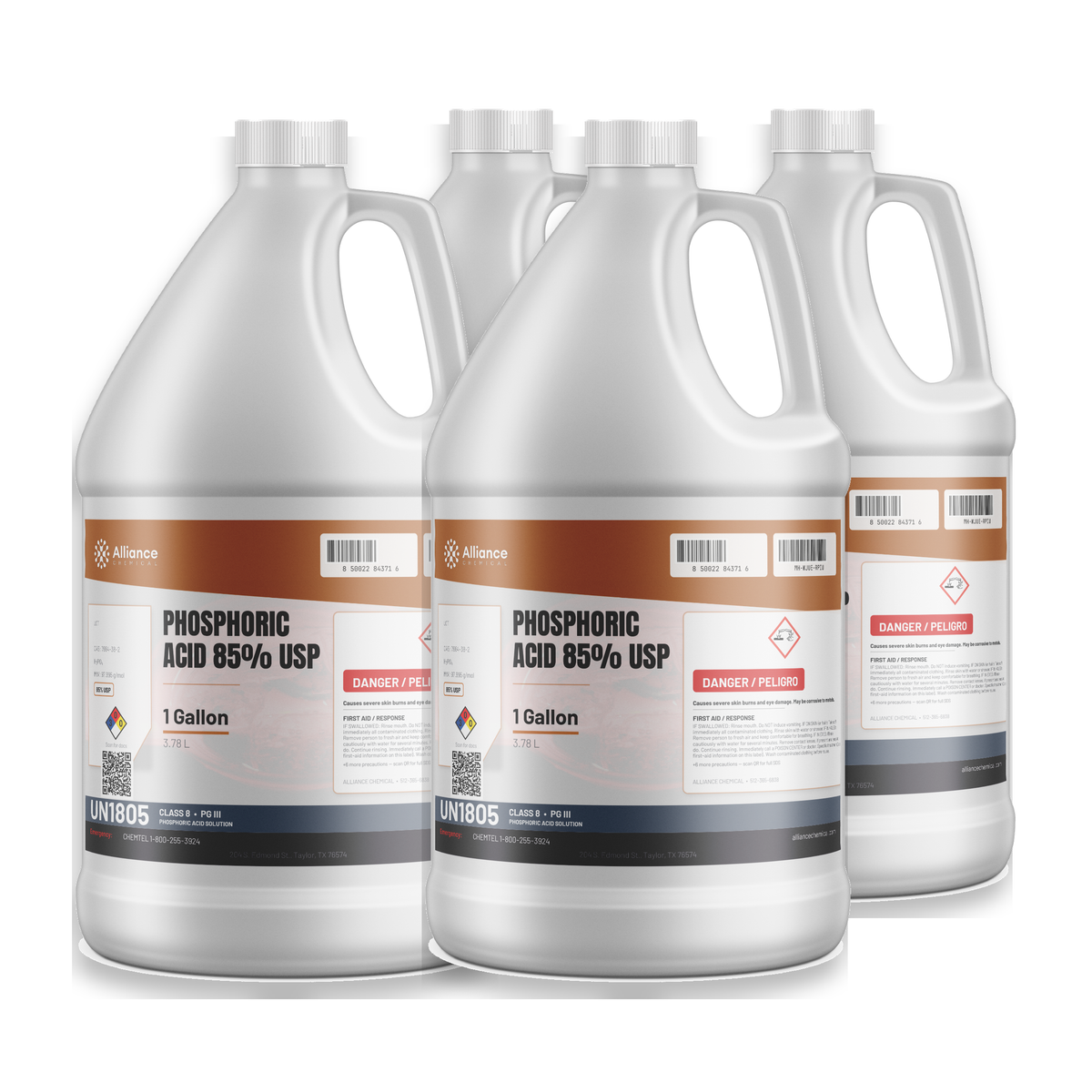 Phosphoric Acid 85% USP Food Grade in a case of four 1-gallon plastic jugs, Alliance Chemical