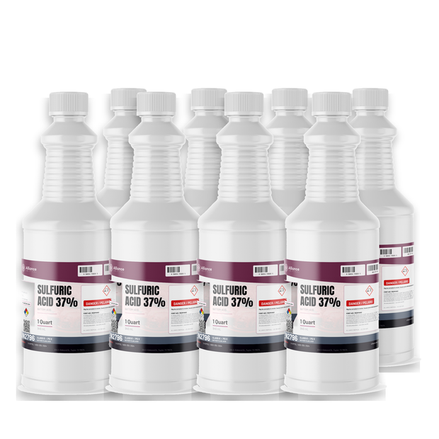 Sulfuric acid 37% technical grade in eight 1-quart white plastic bottles, Alliance Chemical