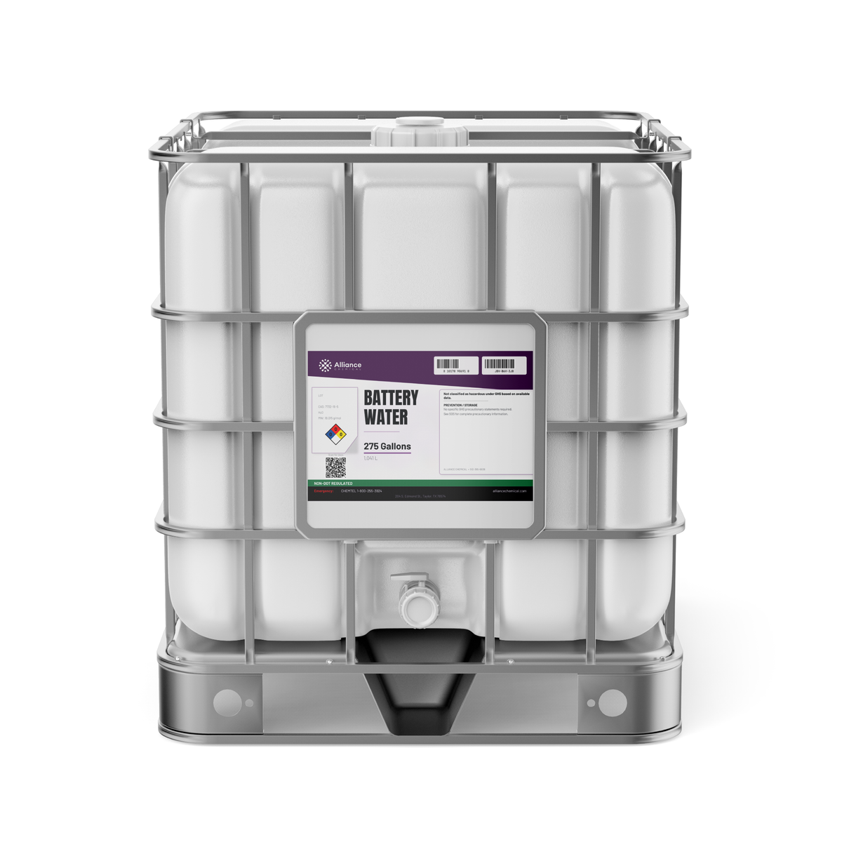 Technical grade deionized battery water in a 275-gallon caged IBC tote, Alliance Chemical
