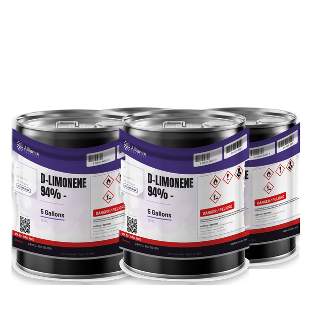 D-Limonene 94% Food Grade in four 5-gallon metal pails for cleaning and extraction, Alliance Chemical