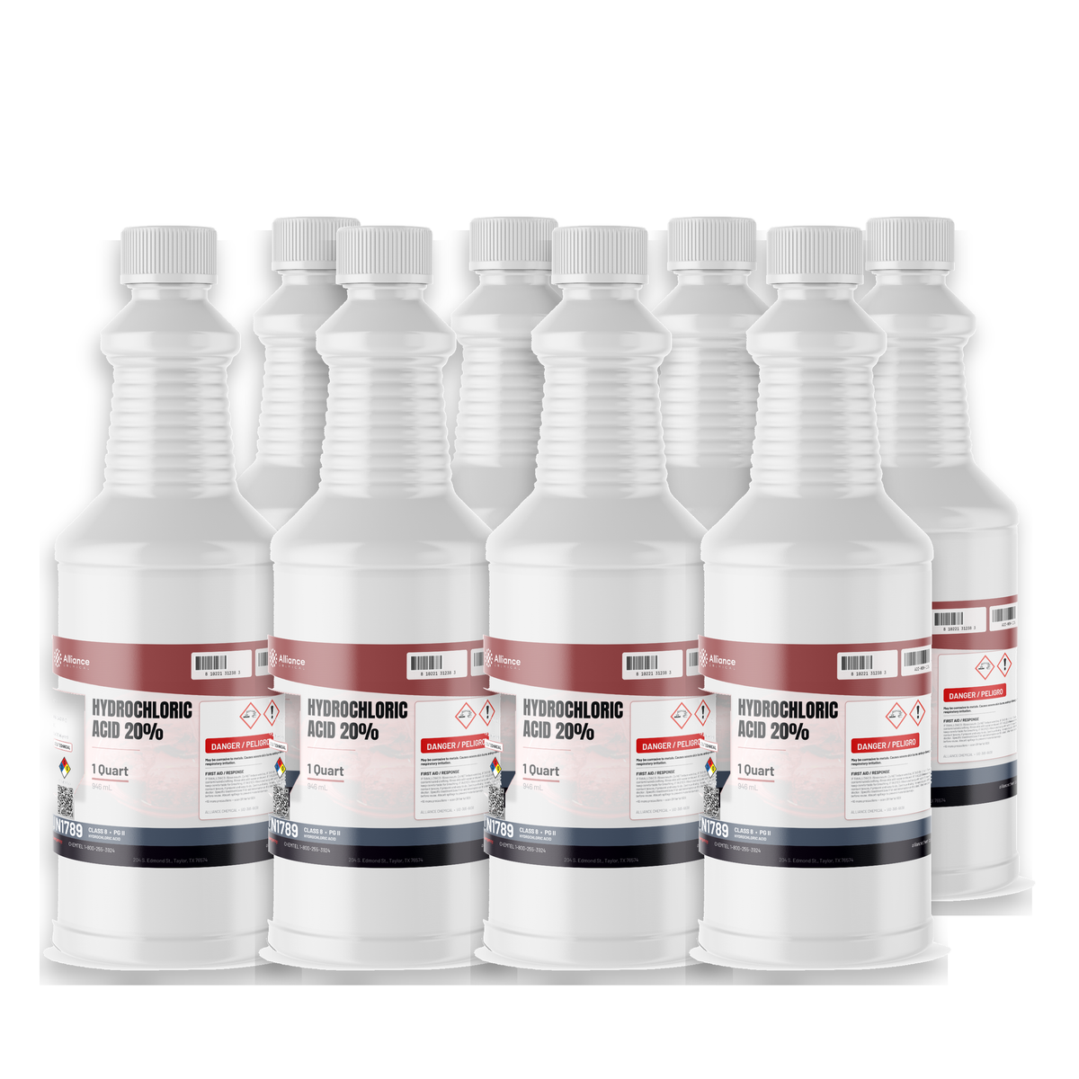 Hydrochloric Acid 20% Technical Grade in eight 1-quart plastic bottles, Alliance Chemical