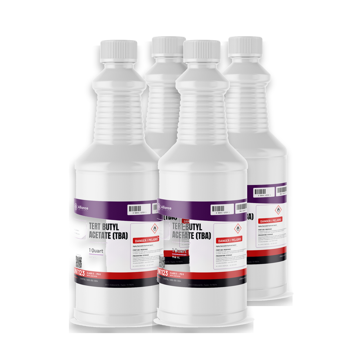Tert Butyl Acetate technical grade in four 1-quart plastic bottles from Alliance Chemical
