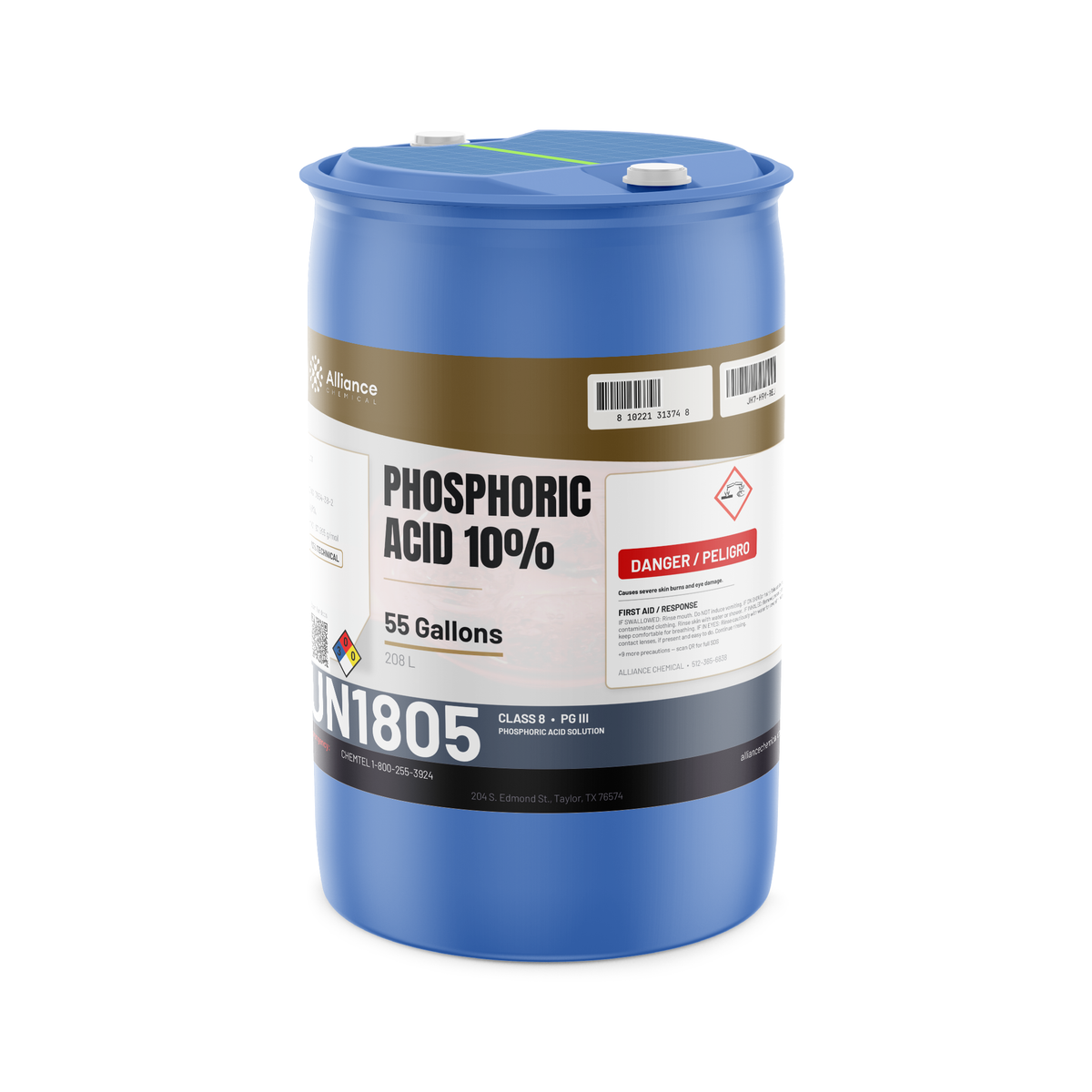 Phosphoric Acid 10% Technical Grade in a blue 55-gallon plastic drum, Alliance Chemical