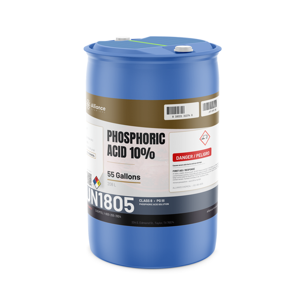 Phosphoric Acid 10% Technical Grade in a blue 55-gallon plastic drum, Alliance Chemical