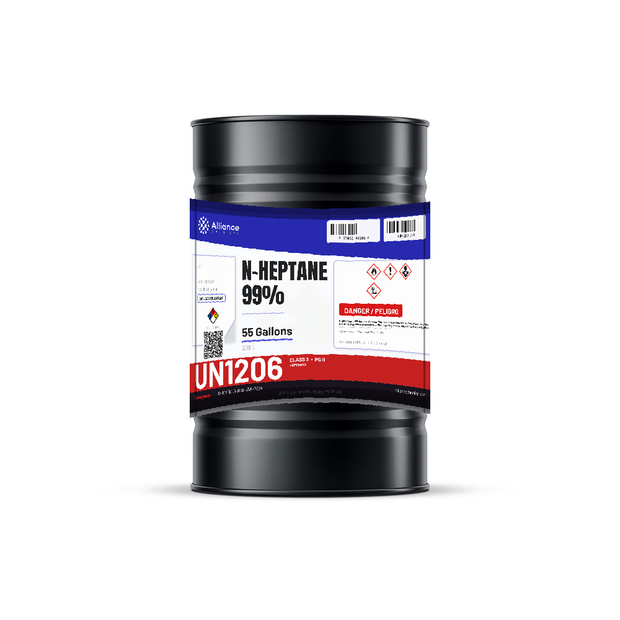n-Heptane 99% ACS Reagent Grade in a 55-gallon metal drum from Alliance Chemical for lab chromatography and extraction