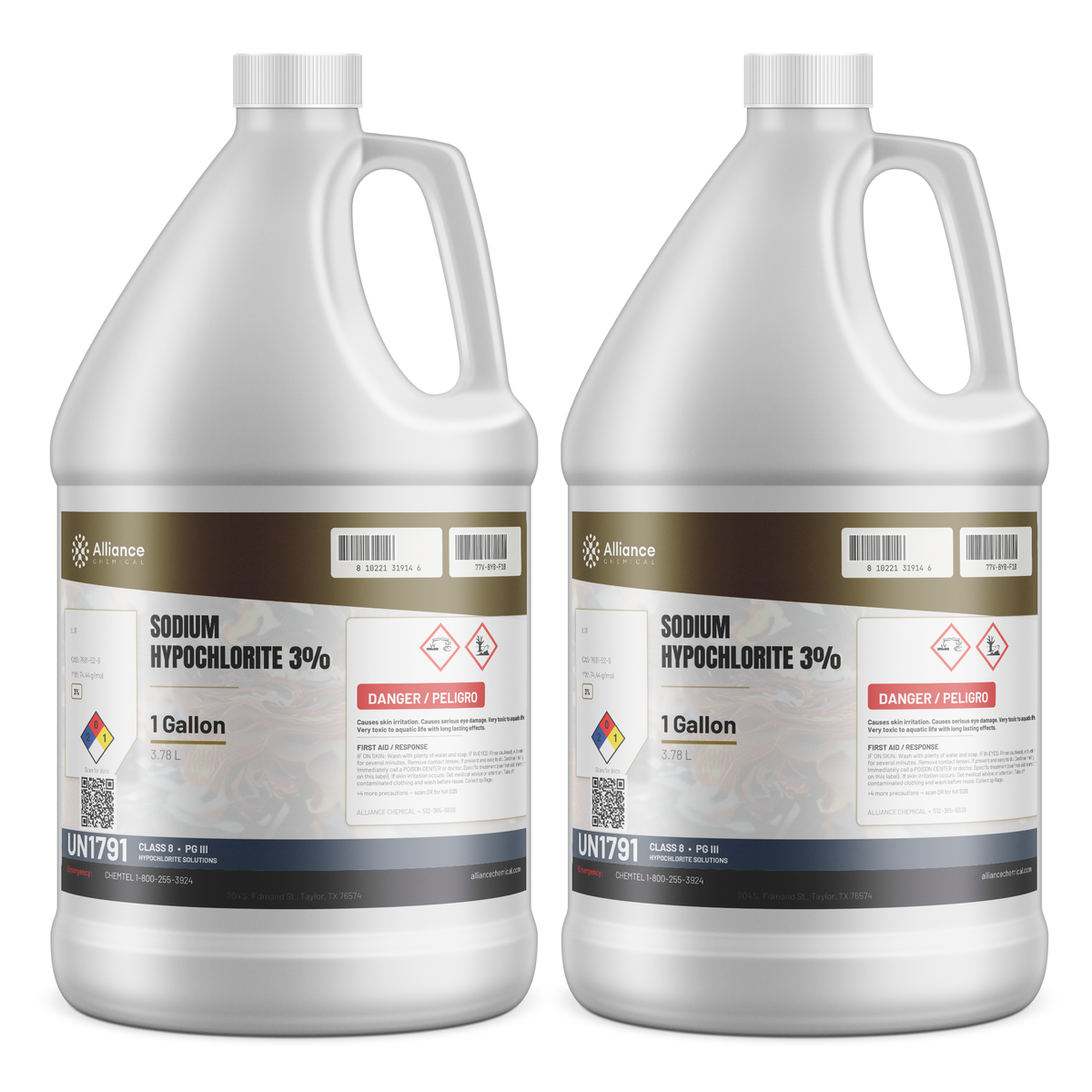 Sodium Hypochlorite 3% Technical Grade in two 1-gallon plastic jugs from Alliance Chemical