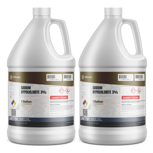 Sodium Hypochlorite 3% Technical Grade in two 1-gallon plastic jugs from Alliance Chemical