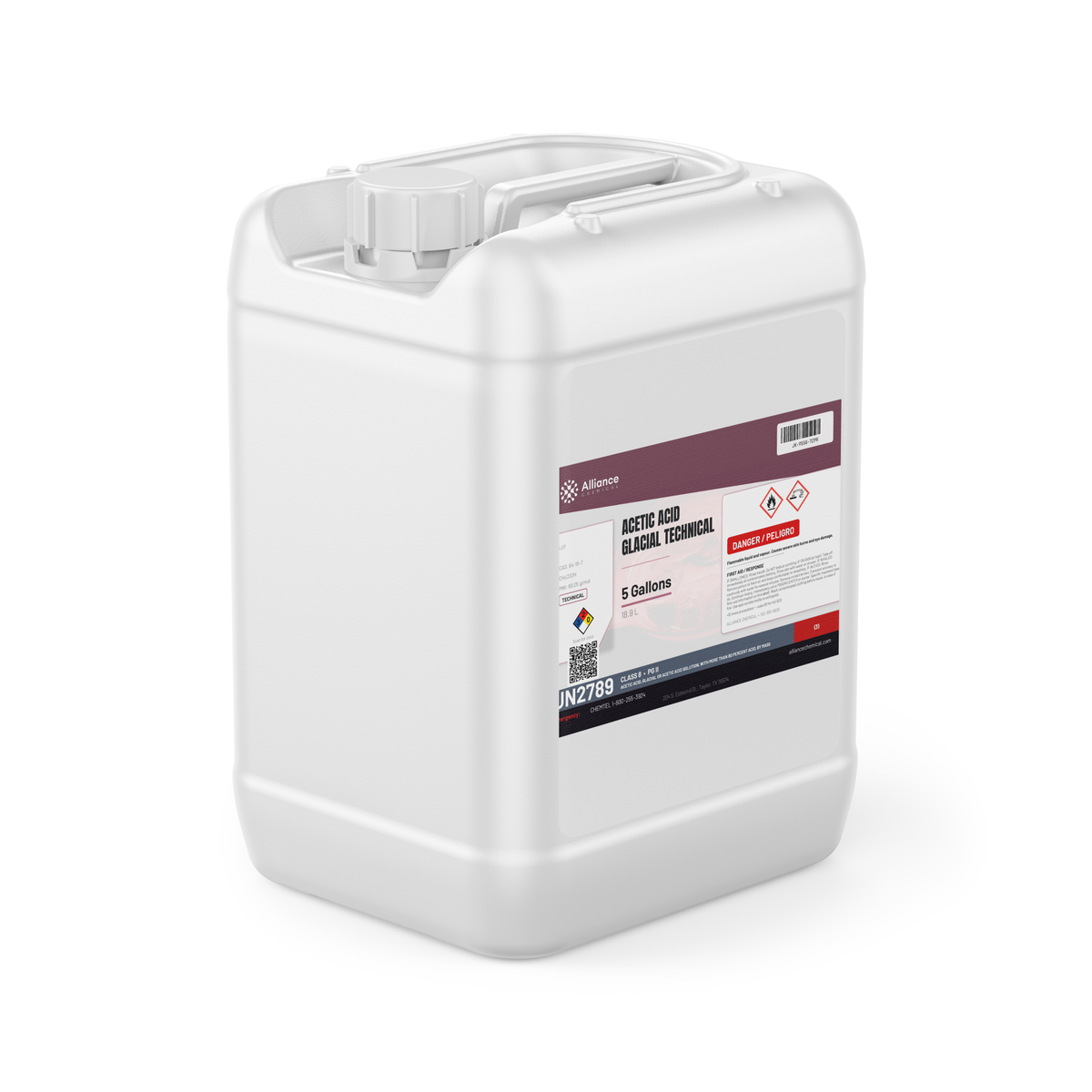 Acetic Acid Glacial Technical Grade in a 5-gallon white plastic jerry can from Alliance Chemical