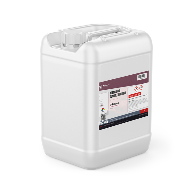 Acetic Acid Glacial Technical Grade in a 5-gallon white plastic jerry can from Alliance Chemical