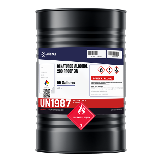 Denatured Alcohol 200 Proof 3A in a 55-gallon black metal drum, Alliance Chemical for coating formulations