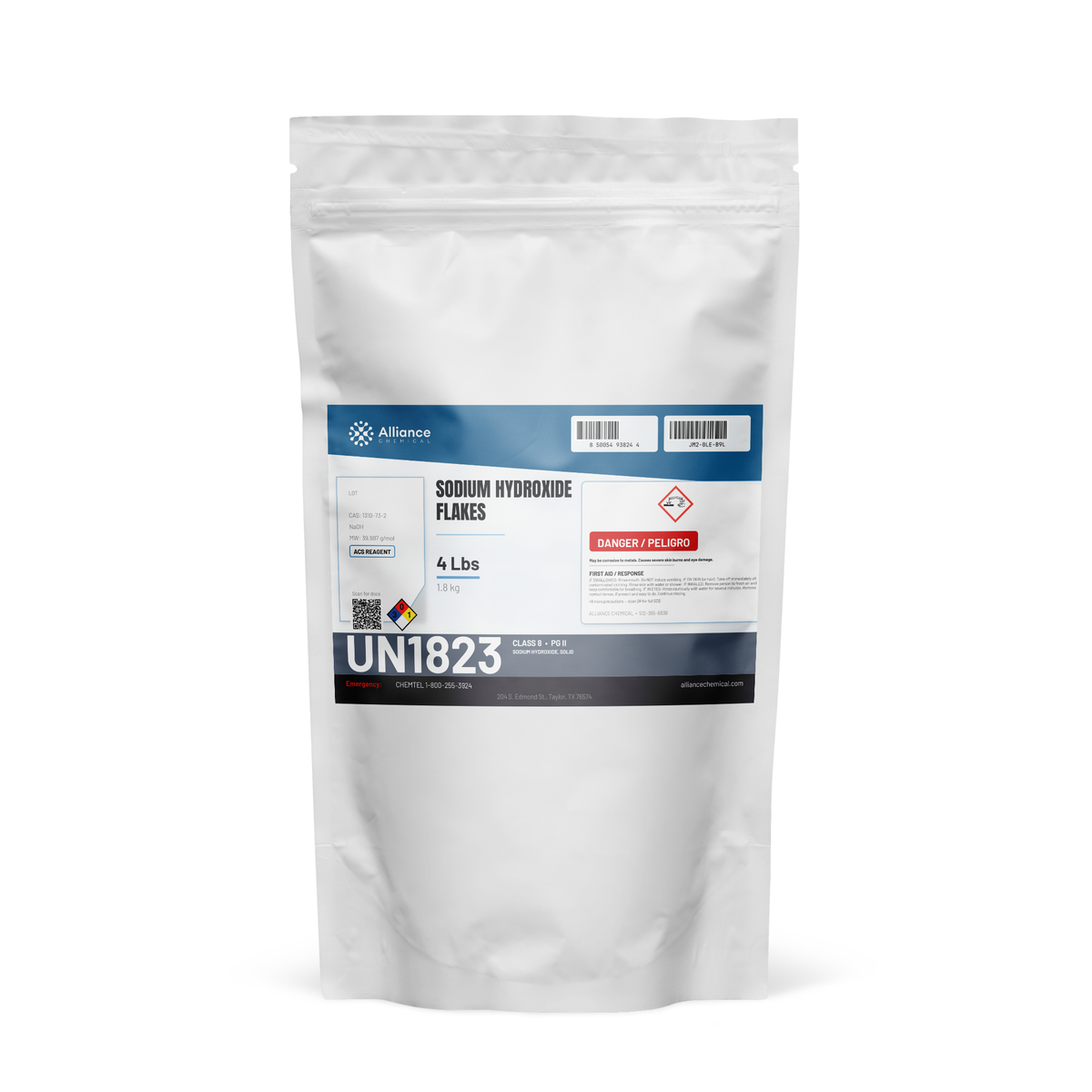 Sodium hydroxide flakes ACS reagent grade in a 4-lb resealable pouch for laboratory pH adjustment, Alliance Chemical