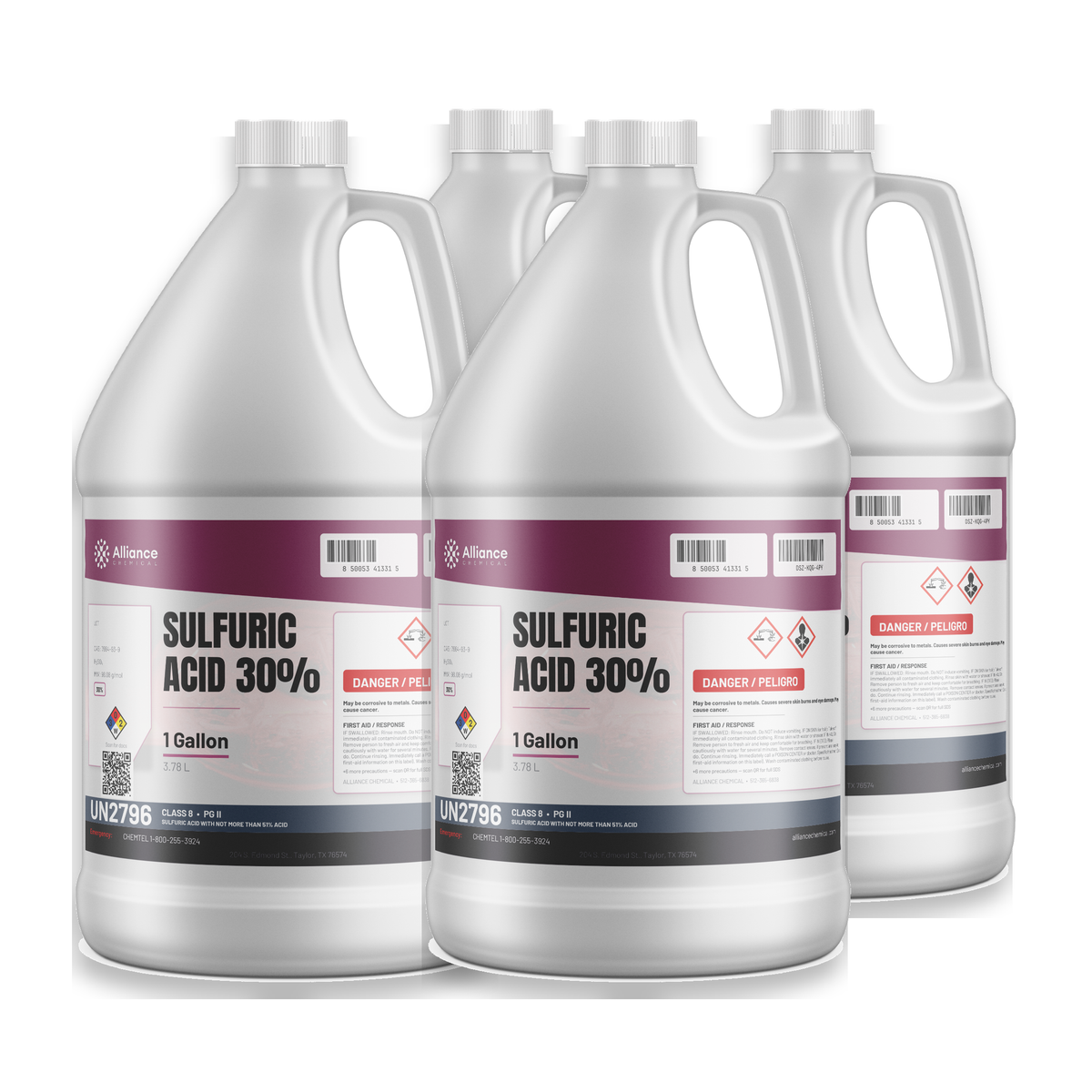 Sulfuric acid 30% technical grade in four 1-gallon jugs for battery electrolyte and pH control, Alliance Chemical