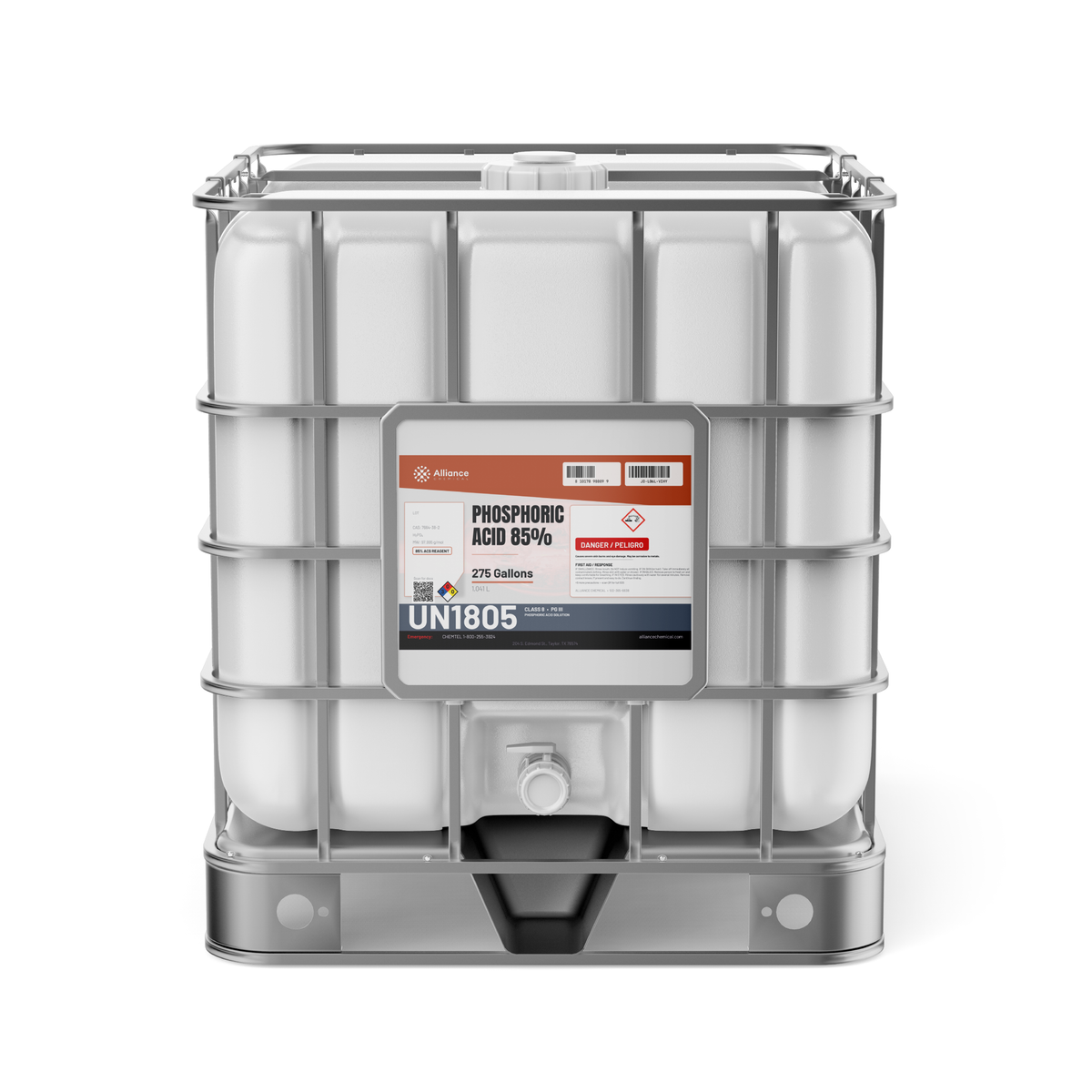 Phosphoric Acid 85% ACS Grade in a 275-gallon IBC tote for metal surface treatment, Alliance Chemical