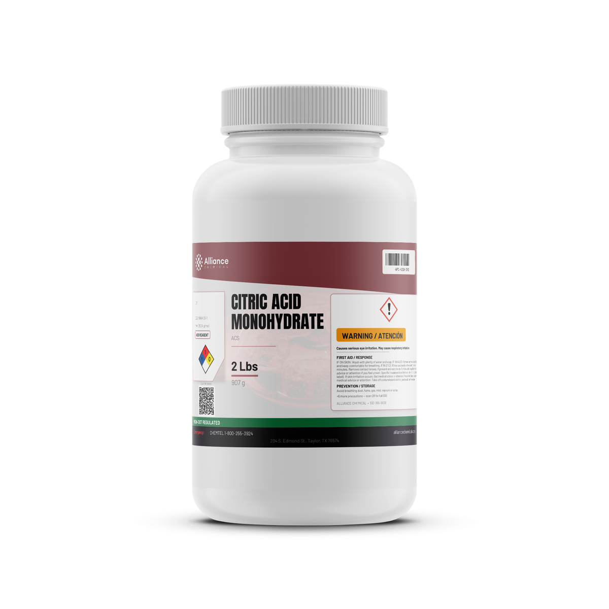 Citric Acid Monohydrate ACS Grade in a 2-lb white plastic bottle, Alliance Chemical