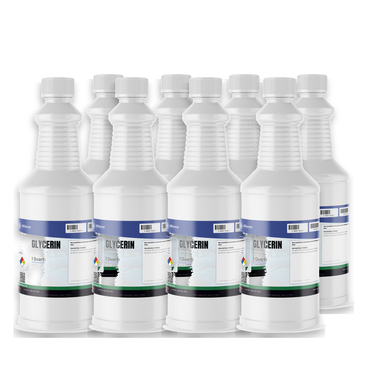 Glycerin Technical Grade liquid, case of eight 1-quart plastic bottles, Alliance Chemical