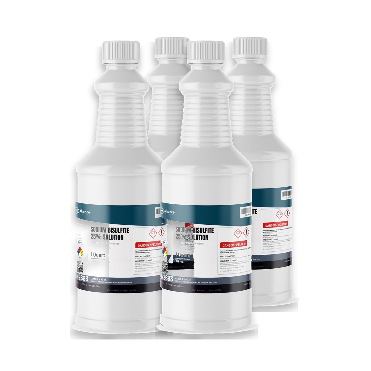 Sodium bisulfite 25% solution, four 1-quart plastic bottles for water dechlorination by Alliance Chemical