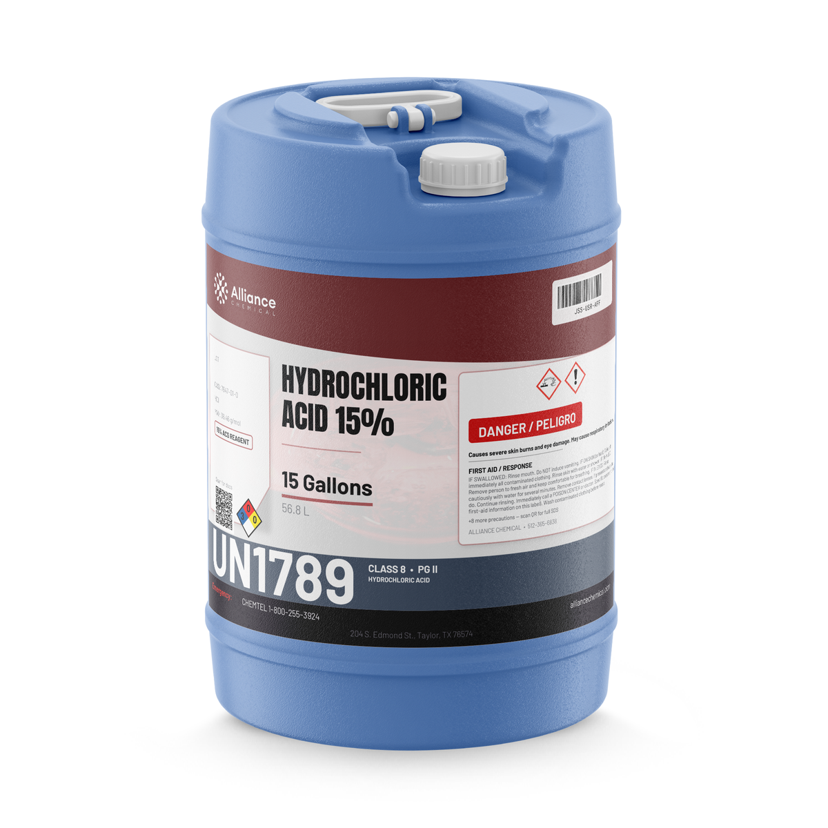 Hydrochloric Acid 15% ACS Reagent Grade in a 15-gallon blue plastic carboy, Alliance Chemical