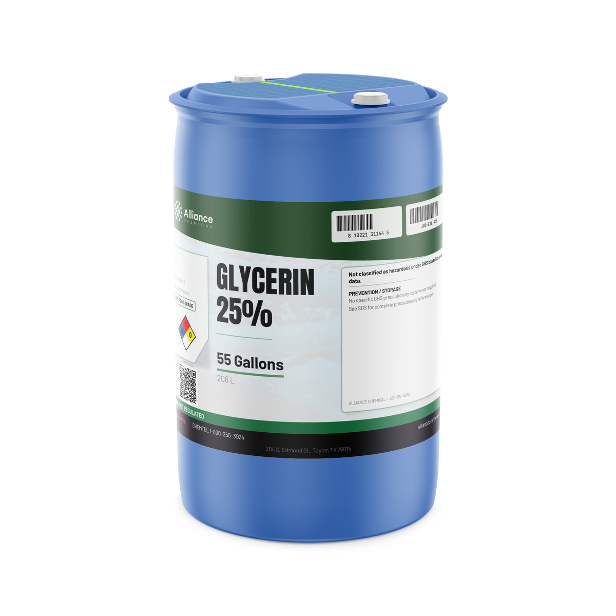 Glycerin 25% Food Grade in a 55-gallon blue drum, Alliance Chemical for food and beverage processing