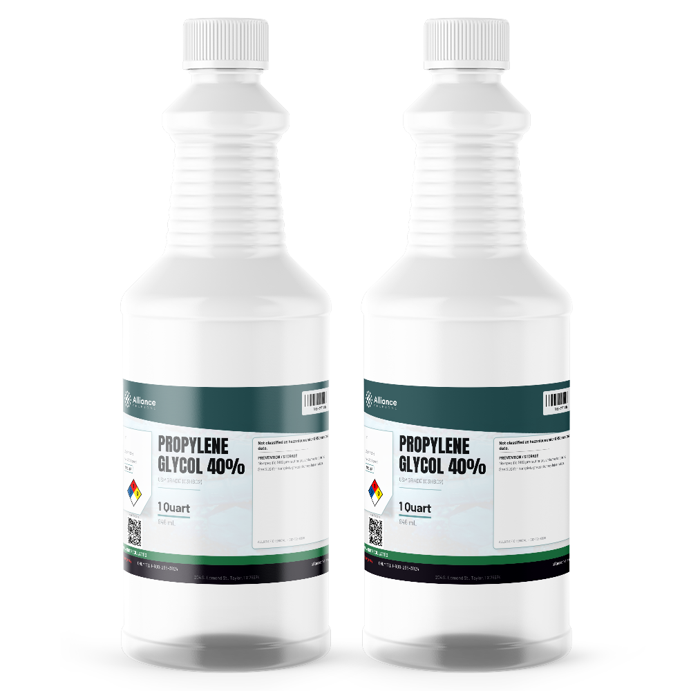 Propylene Glycol 40% USP Grade in two 1-quart plastic bottles from Alliance Chemical