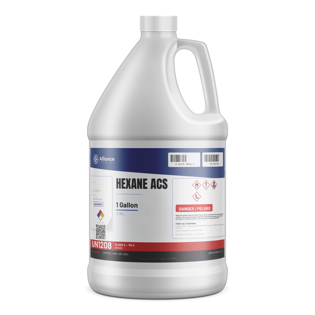 Hexane ACS Reagent Grade 1-gallon plastic jug for laboratory extraction and chromatography, Alliance Chemical