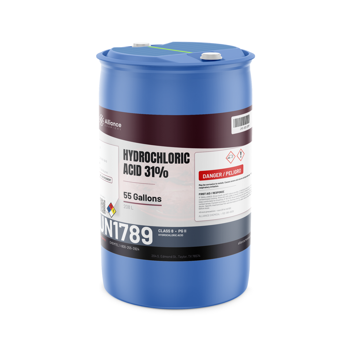 Hydrochloric Acid 31% ACS Reagent Grade in a 55-gallon blue plastic drum, Alliance Chemical